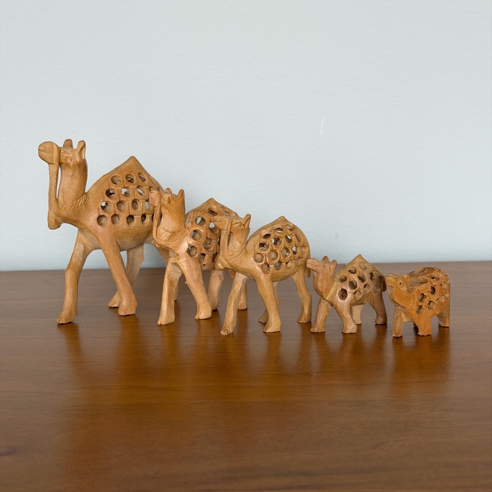 Cute Handmade Carved Wooden Camel Figurine Set Of 5 - Ethnic Decor